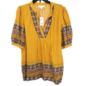 Weekend Suzanne Betro Boho Tunic Top Size L Elbow Flounce‎ Notch Neck Casual NWT
